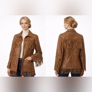 NWT Massimo Dutti Studio Tan LambskinLeather Jacket all over Fringe Small